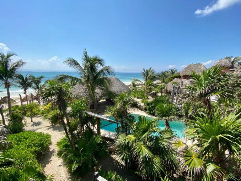 Vista aérea de la piscina y playa del hotel Sueños Tulum rodeada de palmeras y cabañas de palapa