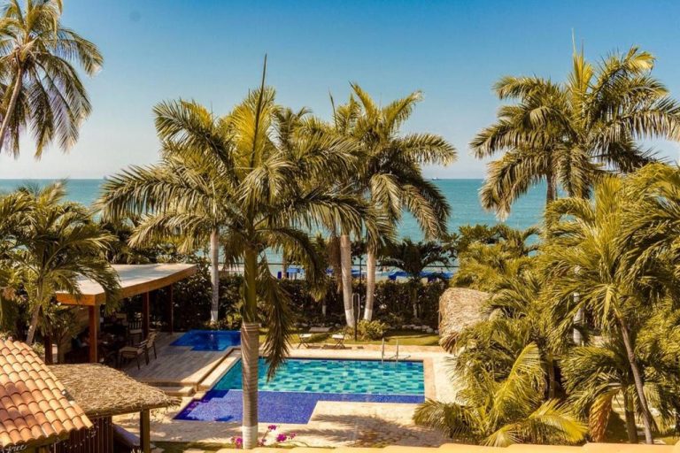 Piscina exterior con palmeras tropicales y vistas al mar en Casa Verano Beach Hotel Adults Only