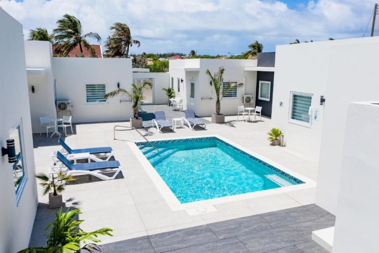 Piscina exterior con tumbonas y zona de relax en The Palm Leaf Apartments rodeada de palmeras