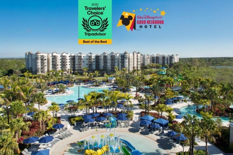 Vista aérea de las piscinas y parque acuático del Grove Resort & Water Park Orlando con palmeras