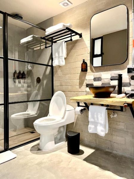 Baño moderno estilo industrial con ducha de cristal y lavabo vessel en Beminimal Parques