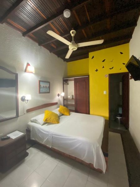 Habitación doble con techo de madera, ventilador de techo y pared amarilla en Hotel Nueva Granada