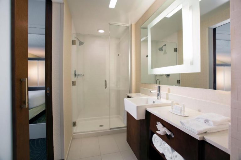Baño moderno con ducha de cristal y lavabo doble en SpringHill Suites Orlando Flamingo Crossings