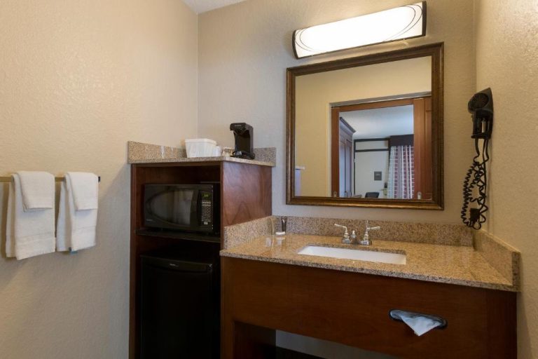 Baño con lavabo de granito, microondas, minibar y secador en Rosen Inn Lake Buena Vista