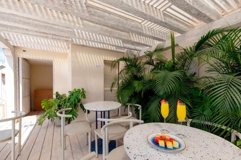 Terraza con mesas, sillas y cócteles de frutas rodeada de palmeras en B Haus Hotel Boutique