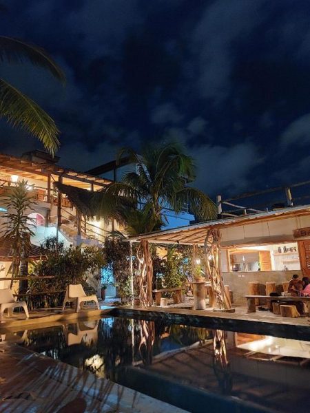Piscina exterior nocturna con bar y palmeras de la Residencia El Balatà iluminada de noche