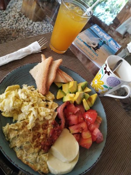 Desayuno completo con huevos revueltos, aguacate, tostadas y zumo en Residencia El Balatà