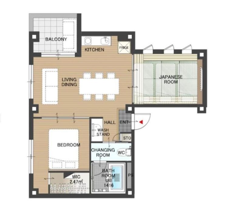 Plano detallado del apartamento del Sola Hotel con habitación japonesa, dormitorio, cocina y balcón