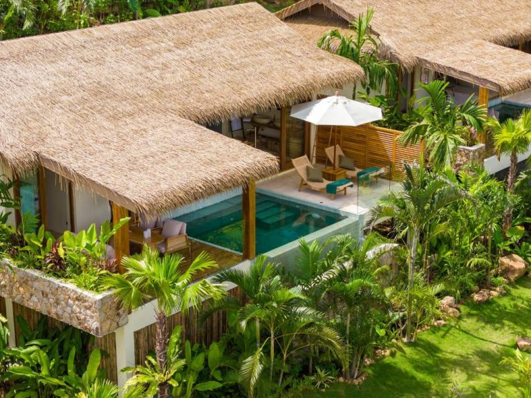 Villa con piscina privada y techo de paja rodeada de vegetación tropical en Wild Cottages Elephant Sanctuary Resort