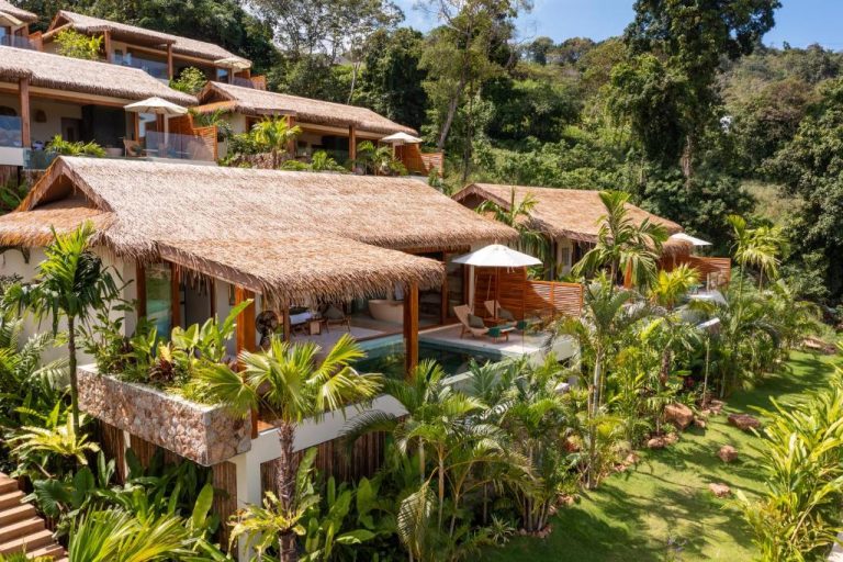 Villas con techo de paja y piscina privada rodeadas de jungla tropical en Wild Cottages Elephant Sanctuary Resort