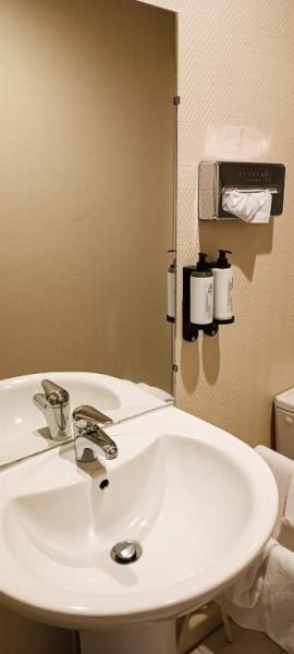 Baño con lavabo blanco y amenities de cortesía en Hotel du Saumon de Verneuil sur Avre