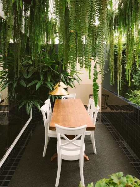 Terraza comedor con mesa de madera y sillas blancas rodeada de plantas colgantes en Fausto by Andean