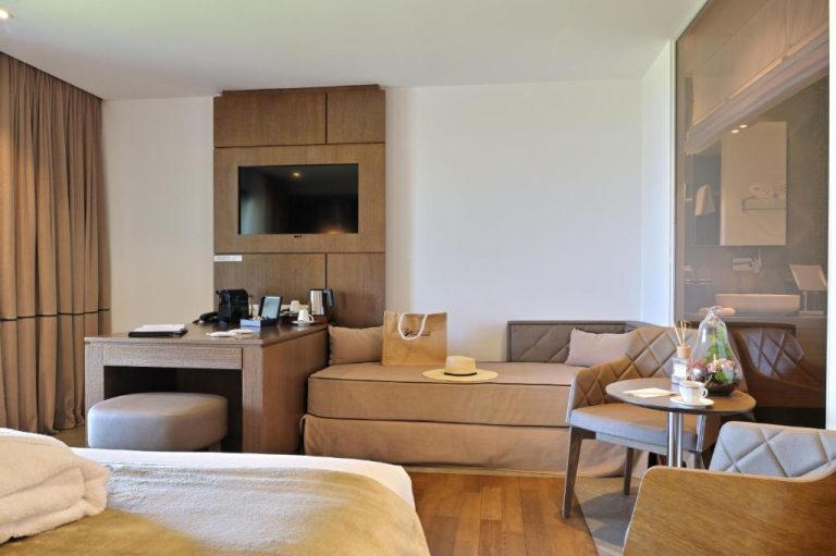 Habitación con sofá, zona de escritorio y televisión en madera del Hôtel Le Week End