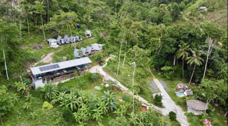 Vista aérea del SZ Samui Glamping con cabañas triangulares rodeadas de selva tropical en Koh Samui