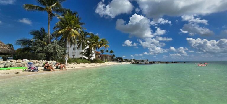 Playa de aguas turquesas con palmeras y tumbonas en Key Colony Beach, Florida Keys