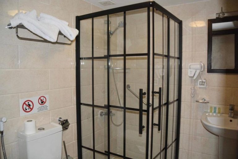 Baño privado con ducha de cristal y secador de pelo en el Olive Hotel Amman, Jordania