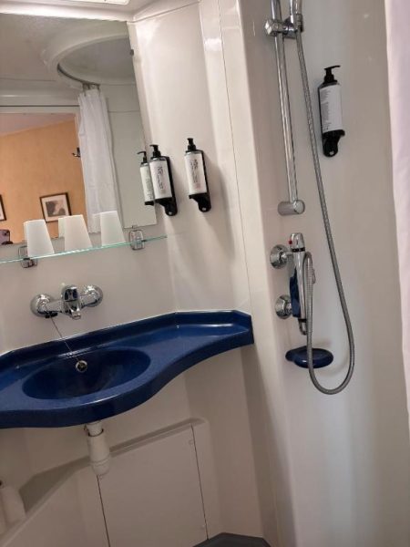 Baño moderno con lavabo azul y ducha de teléfono en el Hotel du Saumon de Verneuil sur Avre