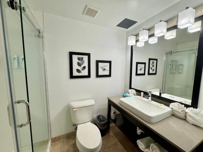 Baño moderno con ducha de cristal y lavabo del Country Inn & Suites by Radisson Port Charlotte FL