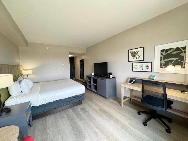 Habitación king con escritorio de trabajo y TV en Country Inn & Suites by Radisson Port Charlotte FL