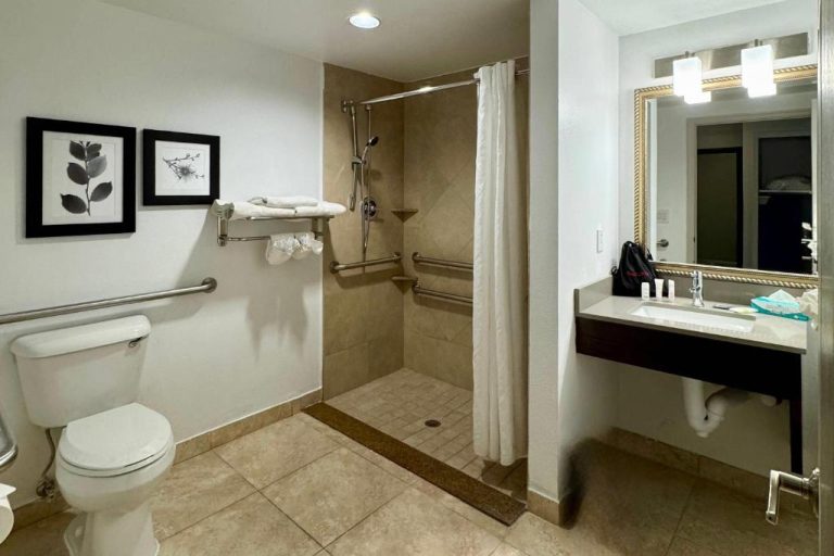 Baño accesible con ducha adaptada y barras de apoyo en Country Inn & Suites by Radisson Port Charlotte FL