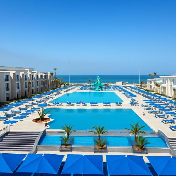Gran piscina exterior con tumbonas azules y vistas al mar del Pickalbatros Palais Des Roses Agadir