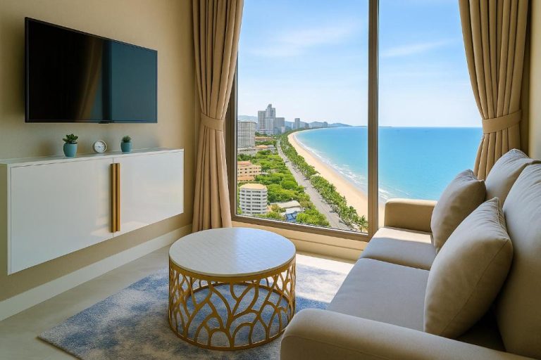Salón moderno con vista panorámica a la playa y el mar turquesa en Copacabana Jomtien Pattaya