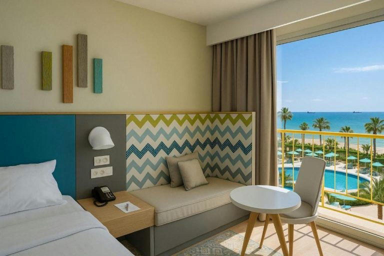 Habitación con sofá, balcón y vistas al mar y piscina en Sousse Pearl Marriott Resort & Spa