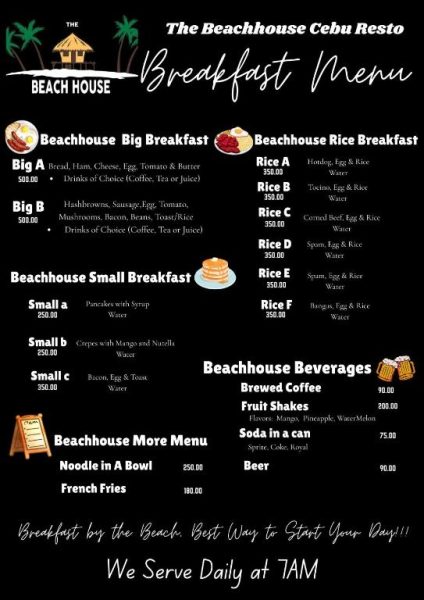 Menú de desayuno del The Beachhouse Cebu Resto con opciones de arroz, pancakes y bebidas desde 250 pesos