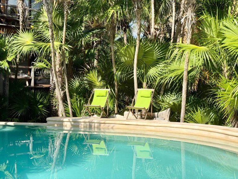 Piscina exterior con tumbonas verdes y palmeras tropicales en el hotel Sueños Tulum, México