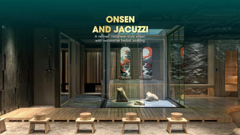 Onsen y jacuzzi de estilo japonés con rocas naturales y barriles de madera en Hotel du Lac Signature