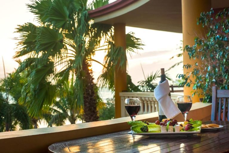 Terraza con copa de vino tinto y tabla de quesos con vistas al mar en Aruba Surfside Marina