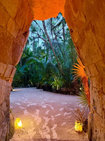Entrada de piedra natural con iluminación cálida y jardín tropical en Hotel Sueños Tulum
