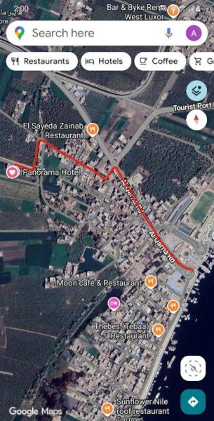 Mapa de ubicación del Panorama Hotel en Luxor, Egipto, cerca del río Nilo y restaurantes