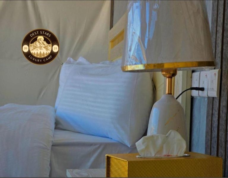 Habitación con cama blanca y lámpara dorada en Dest Stars Luxury Camp, glamping de lujo