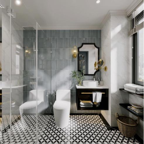 Baño de lujo con ducha de cristal, suelo hidráulico y detalles dorados en Grand KAS Premium Hotel & Sky Bar