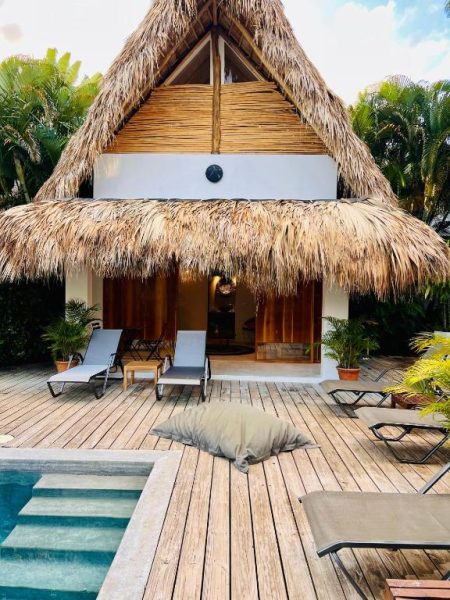 Villa con techo de palapa y terraza de madera con piscina en Leeloo Boutique Hotel