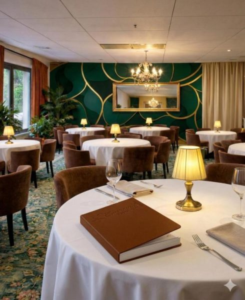 Restaurante elegante del Appart'Hotel Castel Emeraude con decoración verde y dorada, mesas con mantel blanco