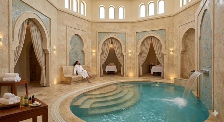Lujoso hammam con piscina interior y arcos árabes en el spa del Lunara Resort