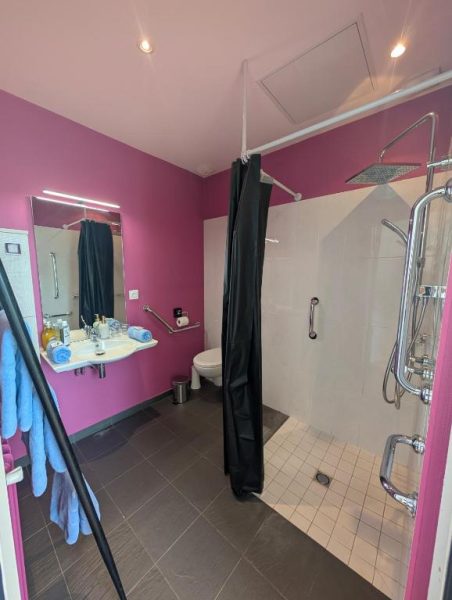 Baño adaptado con ducha accesible y paredes rosas en Château de Briançon, The Originals Relais