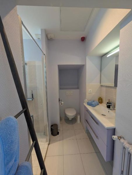 Baño completo moderno con ducha, lavabo y aseo en Château de Briançon The Originals Relais