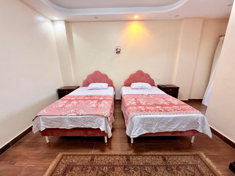Habitación doble con dos camas individuales y cabeceros rosas en el Hotel Winter House