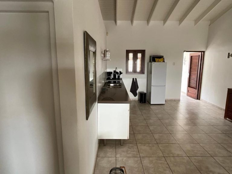 Cocina equipada con nevera, fregadero y encimera oscura en Bantopa Apartments