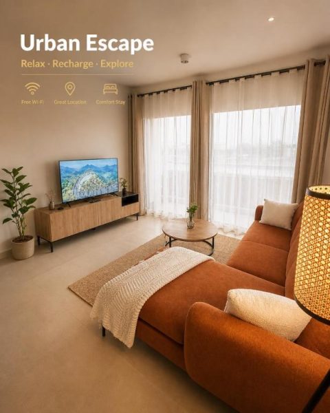 Sala de estar moderna con sofá naranja y televisión en Minissy Suites, apartamento con wifi gratis