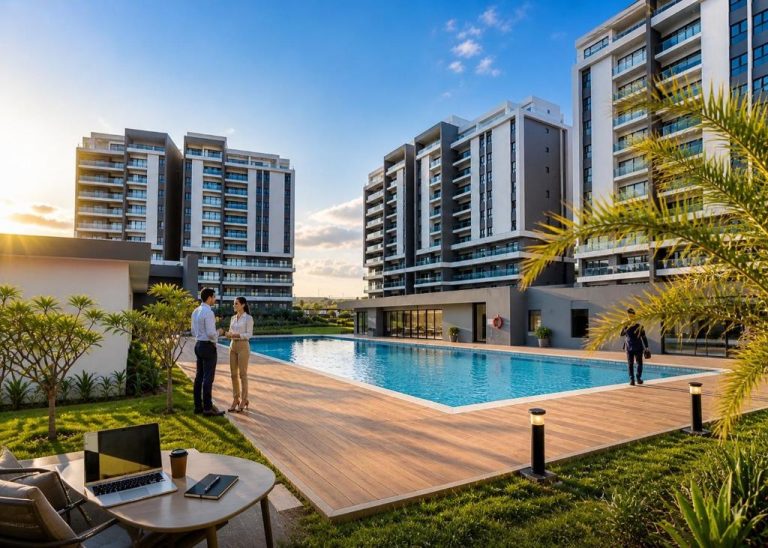 Piscina exterior con terraza de madera y jardines del Minissy Suites rodeada de modernos edificios residenciales