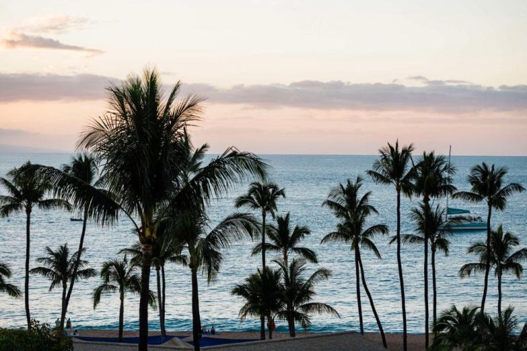 Vista al océano Pacífico con palmeras tropicales al atardecer desde el OUTRIGGER Kāʻanapali Beach Resort en Maui