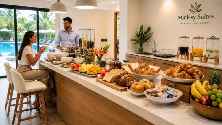 Buffet de desayuno con frutas, bollería y zumos naturales en Minissy Suites con vista a la piscina