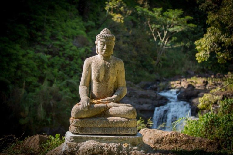 Estatua de Buda en piedra junto a la cascada natural del Inn at Kulaniapia Falls rodeada de vegetación