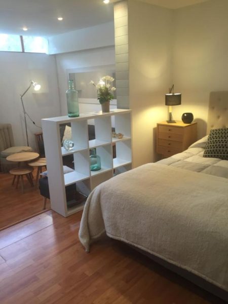 Habitación estudio moderna con cama doble y estantería divisoria en Rent Apart Las Condes