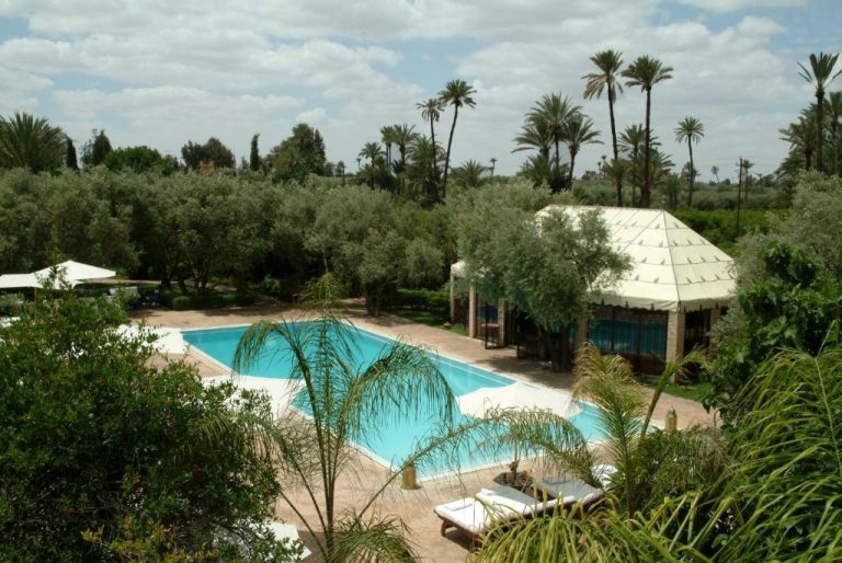 Piscina exterior rodeada de palmeras y jardín tropical en La Maison Arabe Hotel Spa de Marrakech