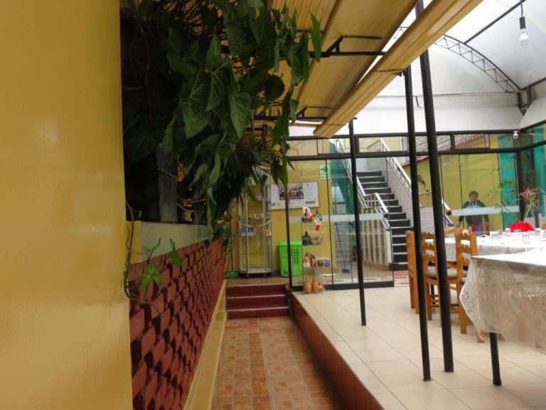 Comedor con mesas y terraza interior con plantas del Hospedaje Del Pilar en Magdalena del Mar